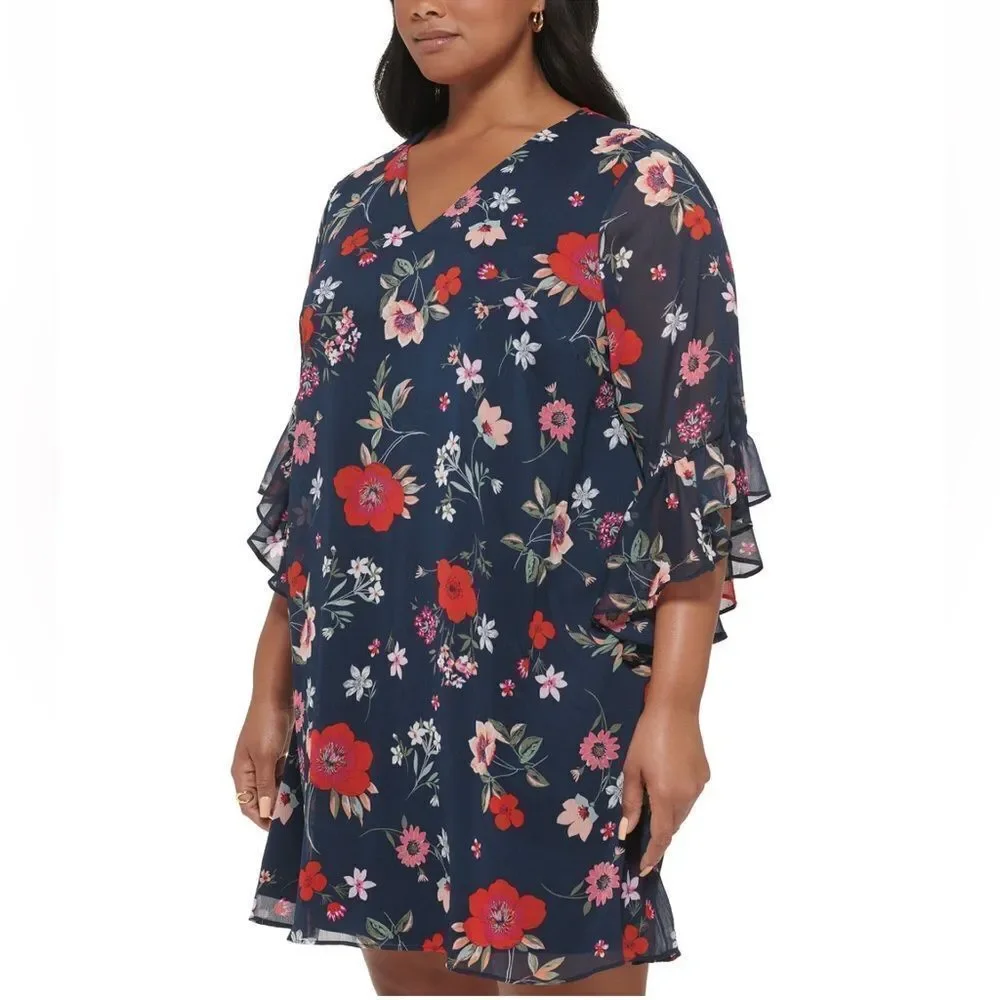Calvin Klein Plus Size Navy Chiffon 3/4 Sleeve Shift Floral Dress Sz 16W NWOT